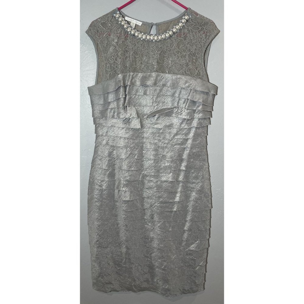 London times grey dress with pearls on neck